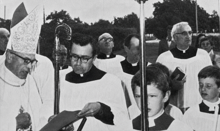 Most Rev. Dr Donal J. Herlihy, Bishop of Ferns, performing the rededication ceremony at the Church of the Sacred Heart, Ballyoughter, on 19 August 1976