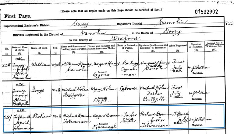 The 1920 birth registration of Richard Brennan’s son records the father’s occupation as “Tailor and Cutter”.