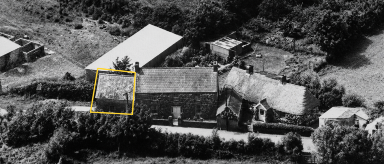 The former Brennan family home and tailor’s shop, outlined in an aerial view of Ballyoughter, c.1970s.