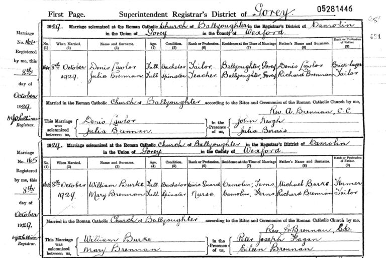 Marriage registrations for Denis Lawlor and Julia Brennan, and William Burke and Mary Brennan, both married at Ballyoughter on 8 October 1929.
